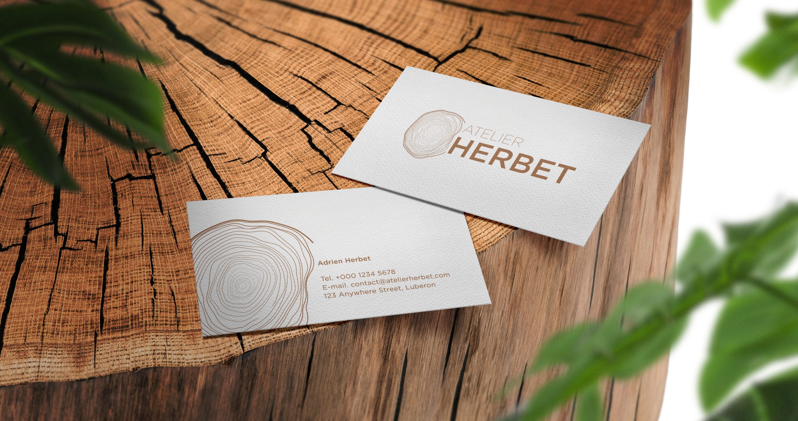 Clean minimal business card mockup on Timber background. PSD file.